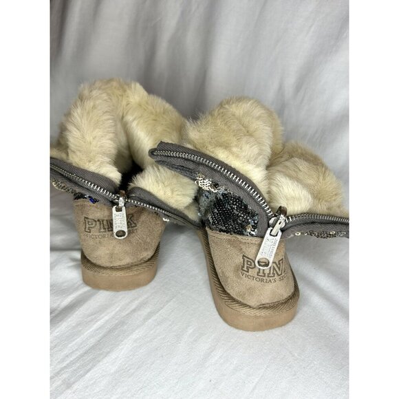 Victoria’s Secret Pink Slipper Boots Womens Size S 5/6 RARE Sequin Knit Faux Fur - Picture 3 of 16